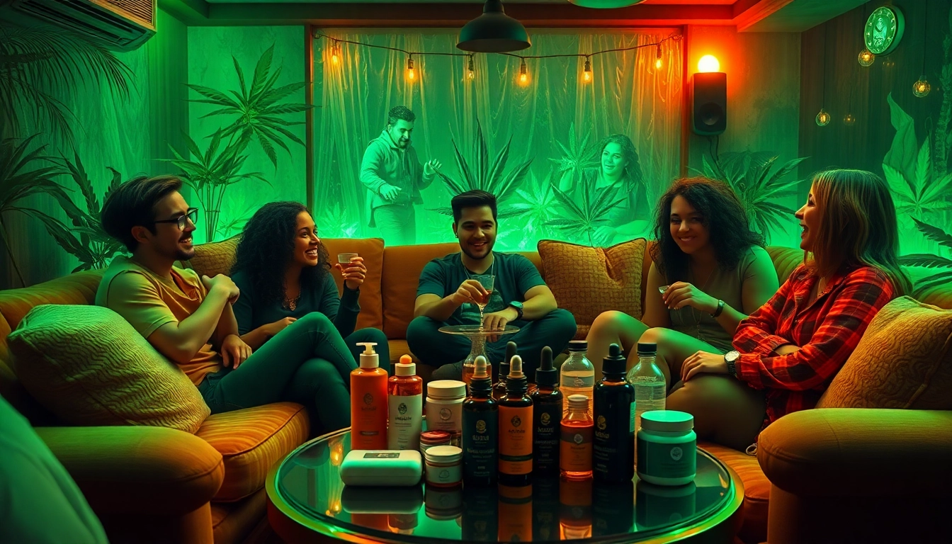 Friends enjoying cannabinoid products from moonbarguy uk in a cozy lounge setting.