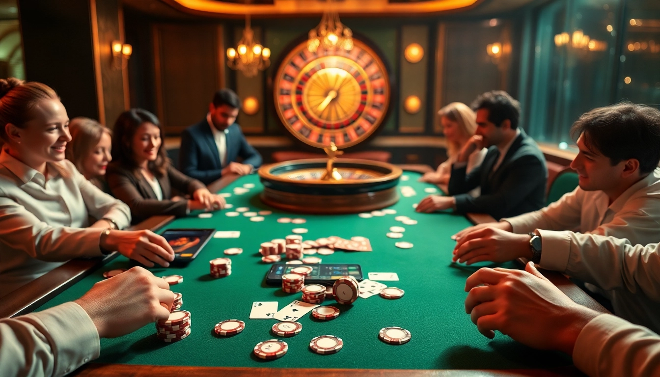 Players enjoying poker at a luxurious casino table with gambling elements from https://99win1.us.com/.