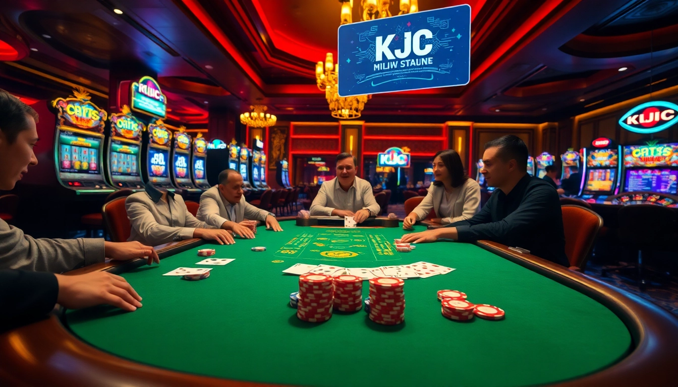 KJC poker table scene with players engaged in high-stakes excitement and vibrant casino elements.