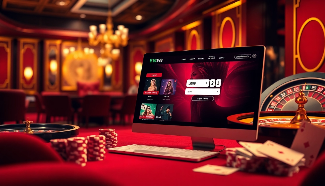 Engaging scene of a player logging in to EV88 đăng nhập on a sleek device, surrounded by casino elements