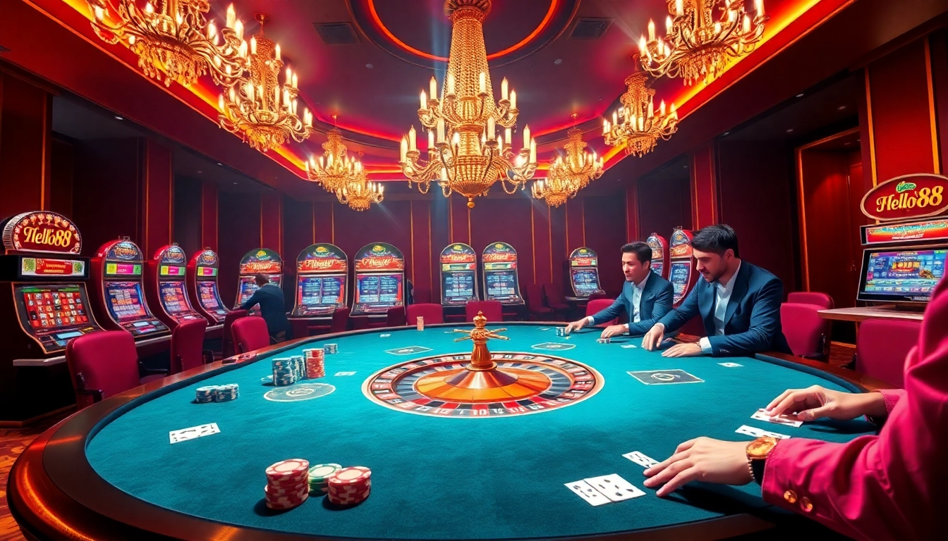 Hello88 casino experience featuring luxurious poker gameplay with vibrant chips and cards.