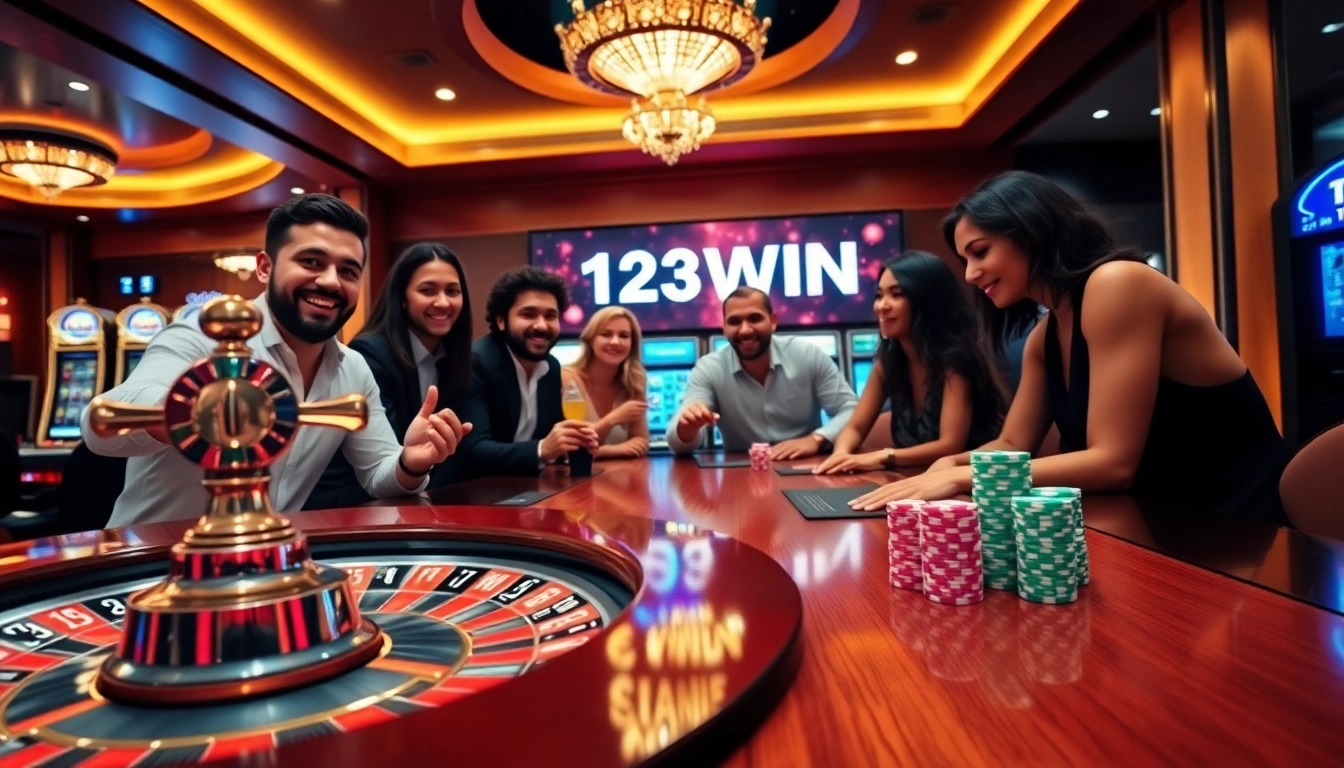 Experience thrilling action at 123WIN casino with vibrant tables and enthusiastic players.