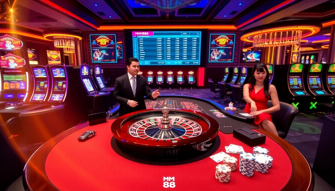 Engaging casino scene highlighting MM88 with roulette, poker chips, and vibrant gaming activities.