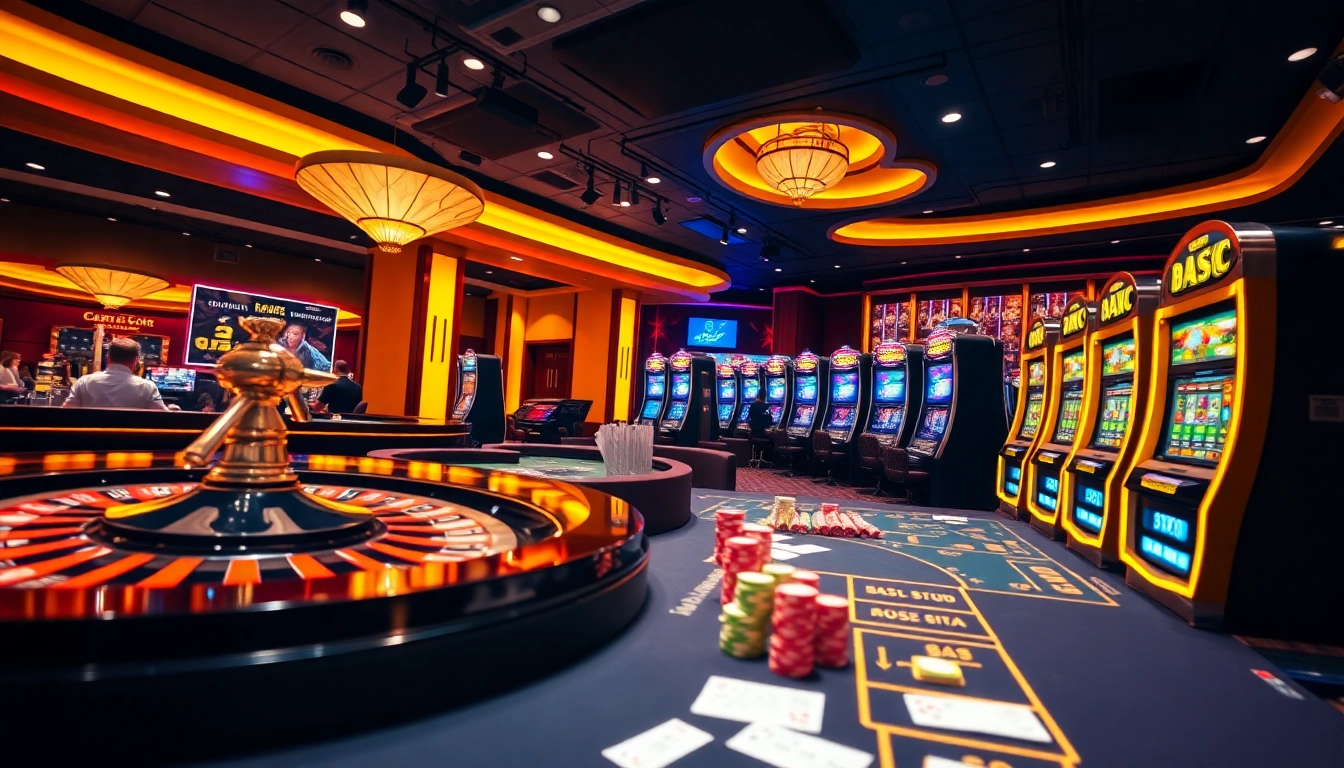 An engaging scene of nhà cái usbet with vibrant casino elements showcasing roulette, poker, and gaming excitement.