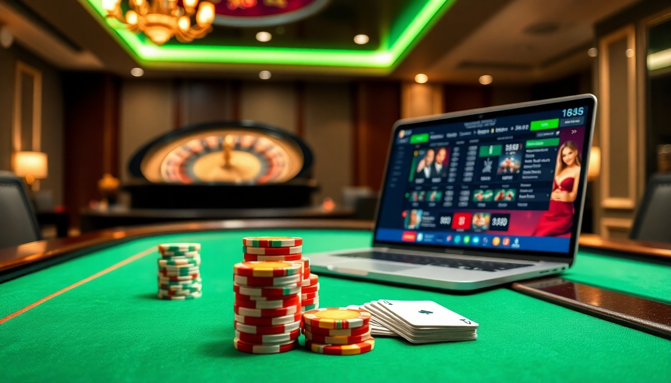 Experience thrilling BJ 888 action at a luxurious casino table with poker chips and cards.