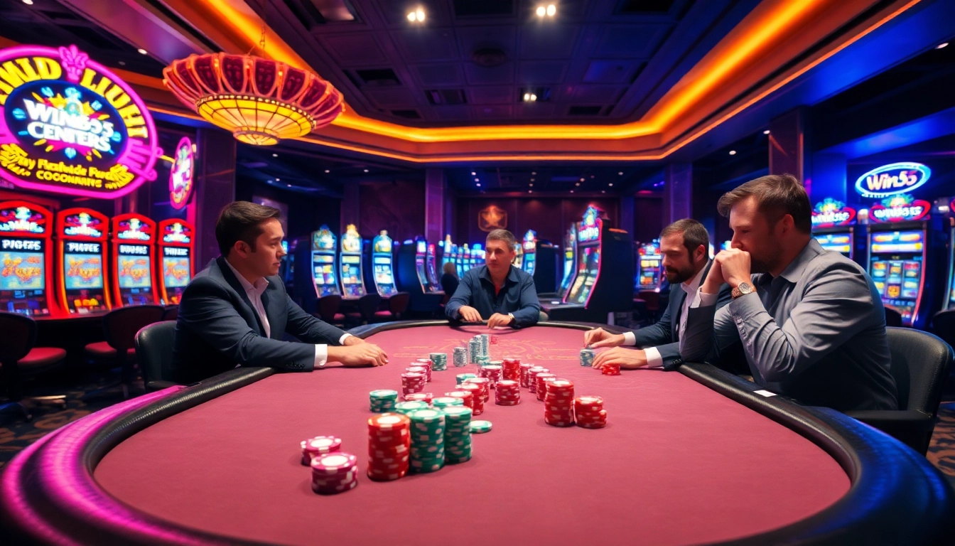 Win55 players strategizing at a luxurious poker table with vibrant chips and cards.