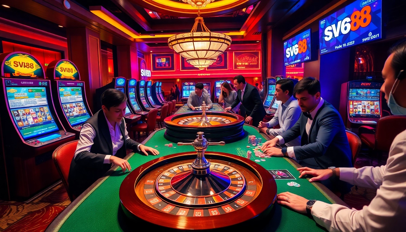 Gamblers enjoying the thrill of sv88 tv with vibrant casino tables and dynamic gameplay scenes.