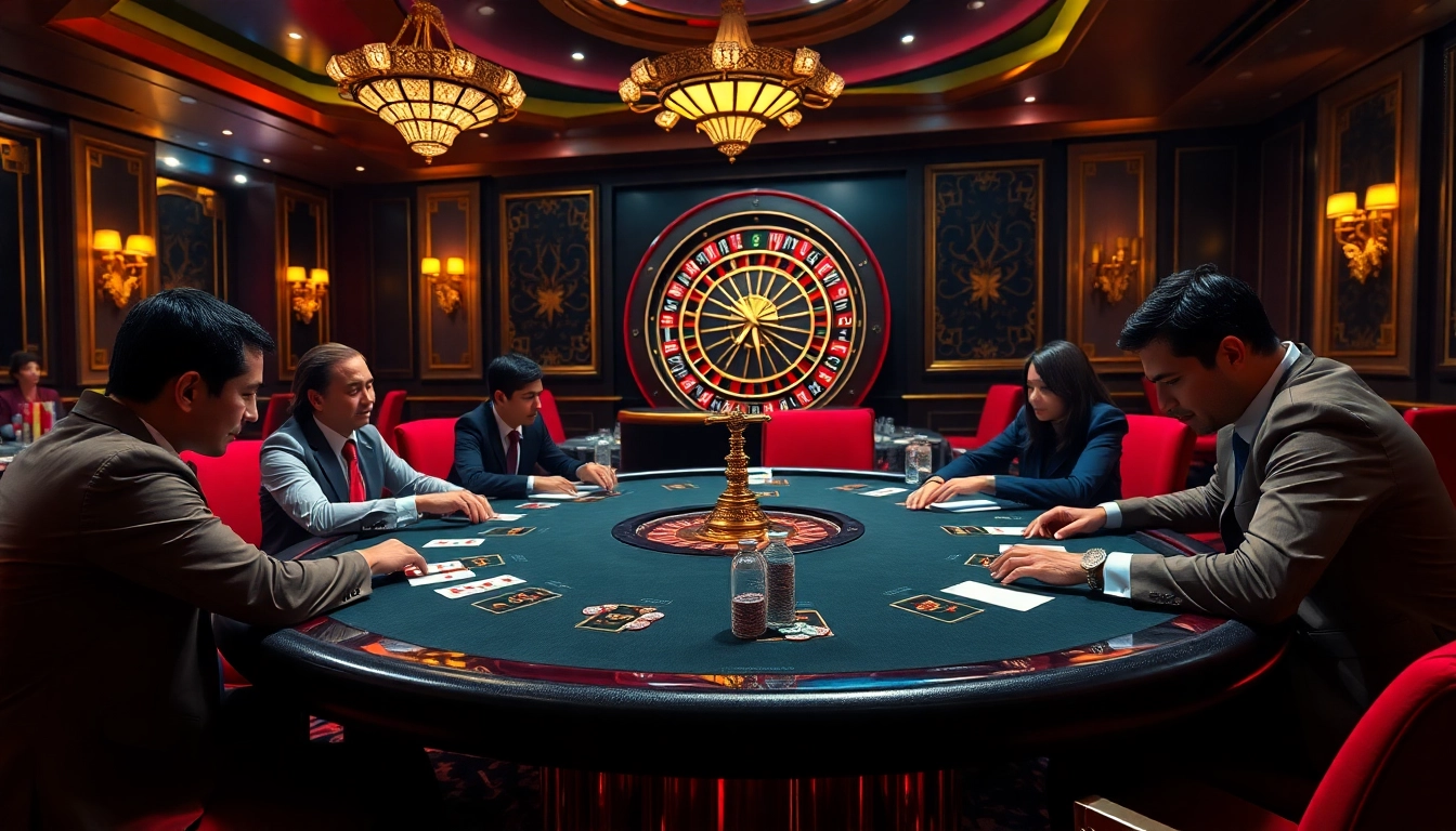 A thrilling poker game at a luxurious casino featuring https://rr88.bar/ elements, showcasing excitement and competition.