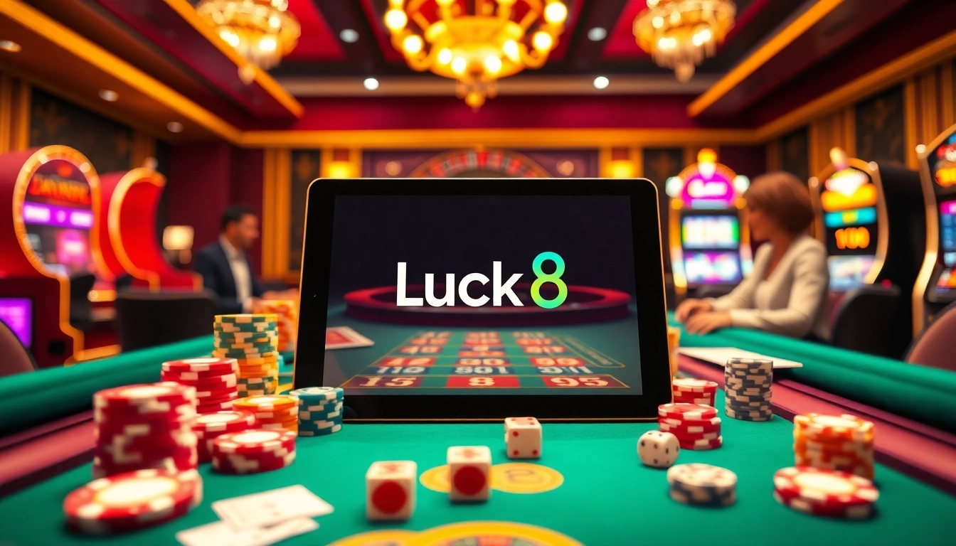 Luck8 casino scene showcasing an engaging online gaming atmosphere with poker chips and a roulette wheel.