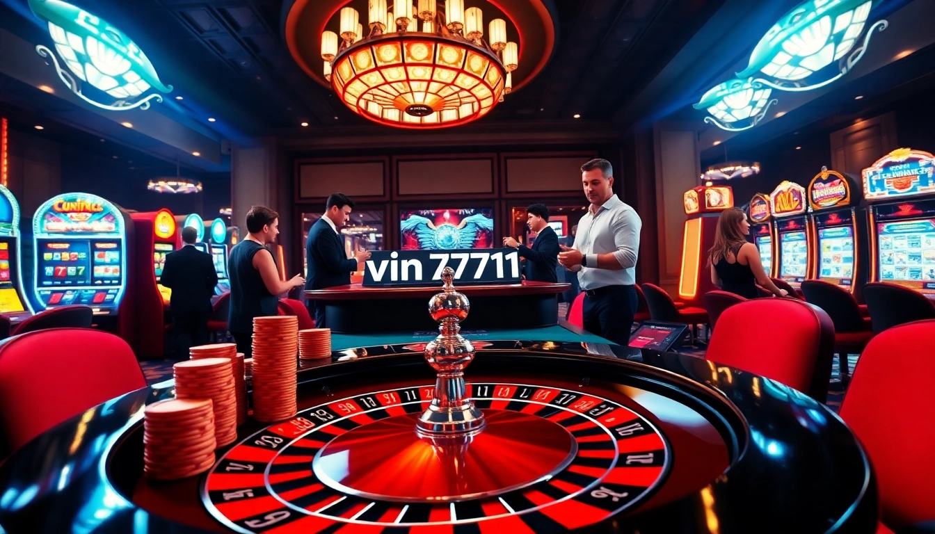 Exciting casino scene with professional gamblers at a roulette table featuring vin7771.