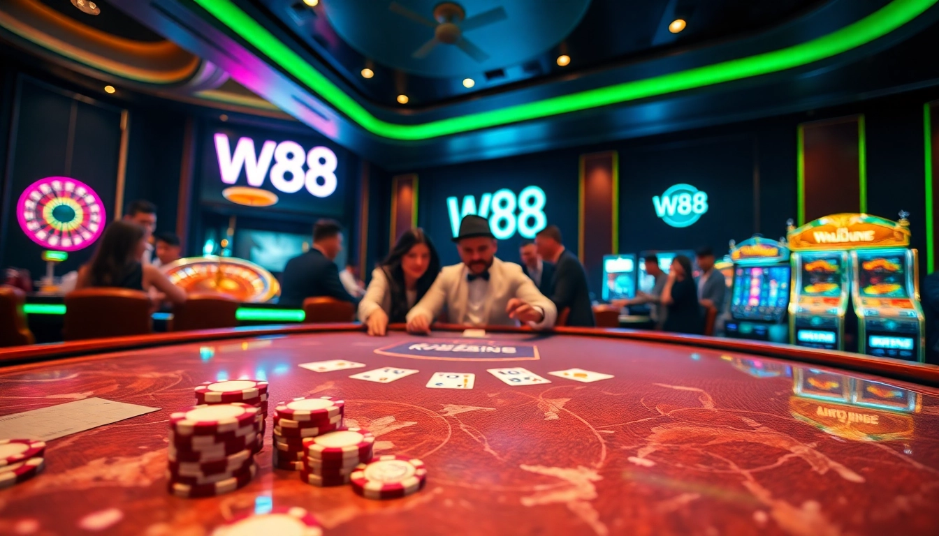W88 players enjoying high-stakes poker in an elegant casino setting with vibrant casino elements.