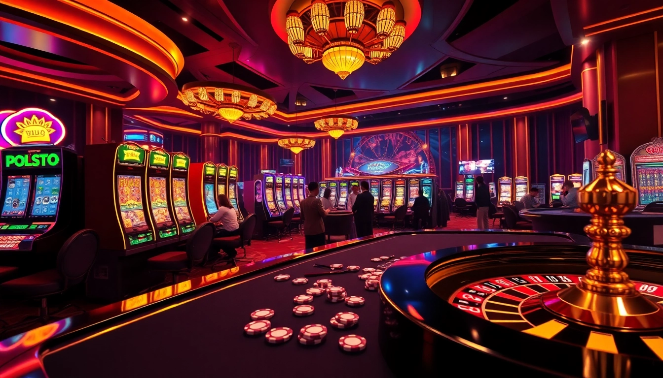 Players enjoying the vibrant online casino scene at trang chu luckywin with poker chips and slot machines.