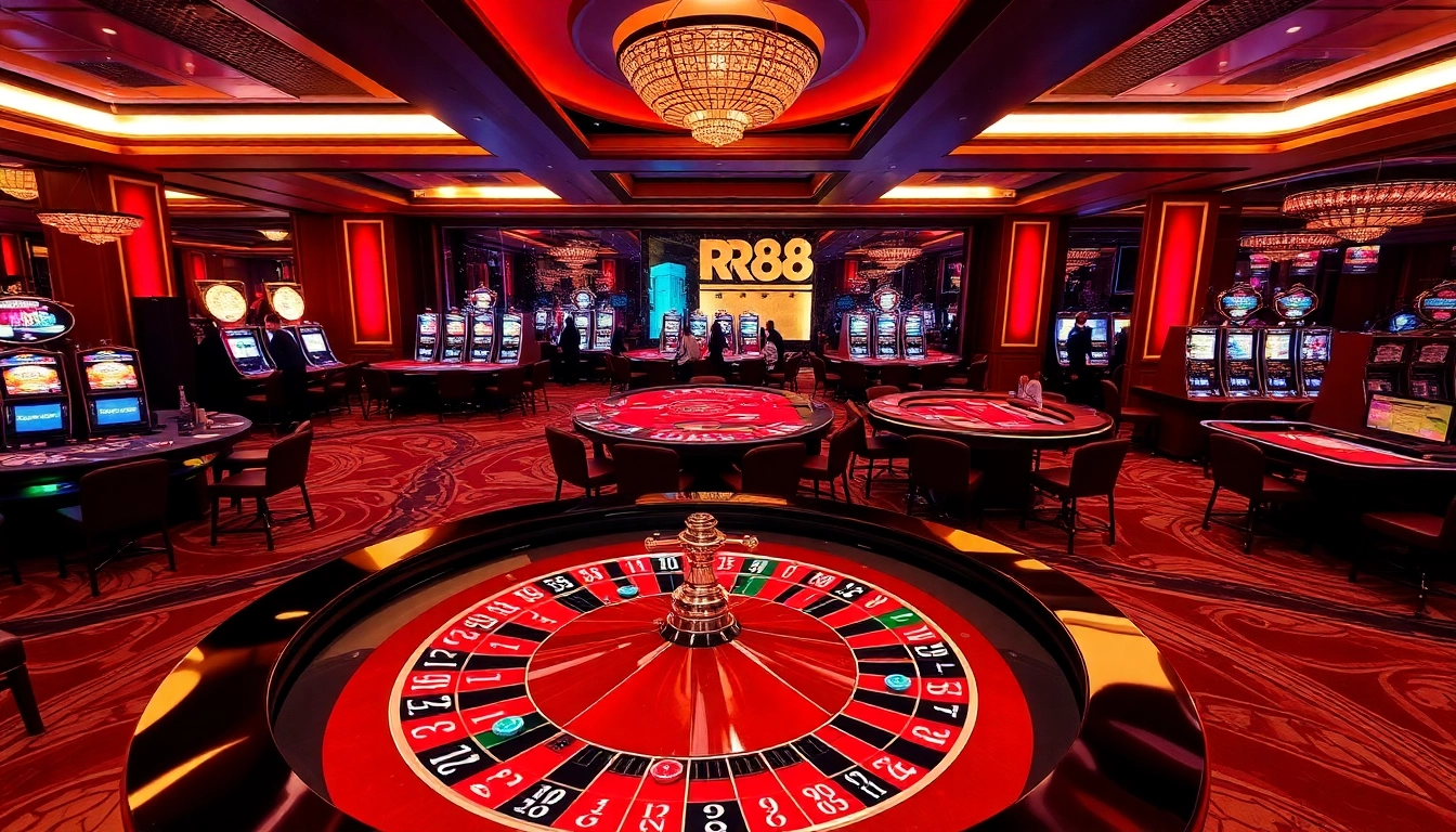 Experience the excitement of RR88 at a luxurious casino featuring roulette tables and slot machines.