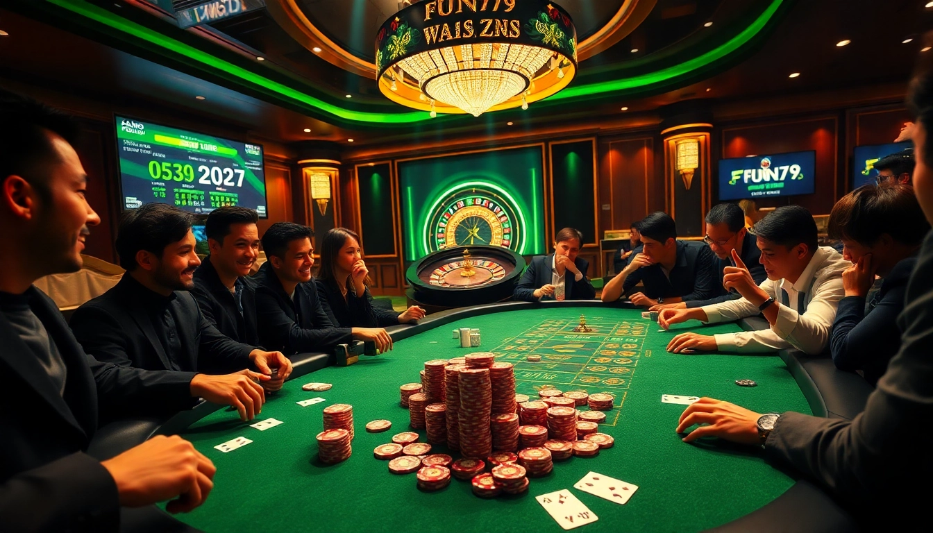 Engage at the thrilling table games experience at nhà cái fun79 with poker chips and cards.