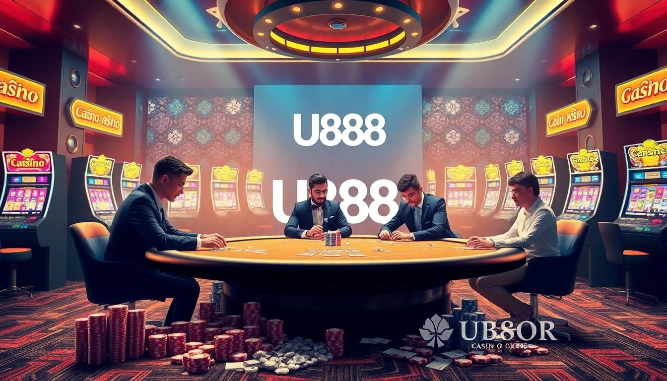 Experience thrilling gaming at U888 with vibrant slot machines and a professional poker setup.