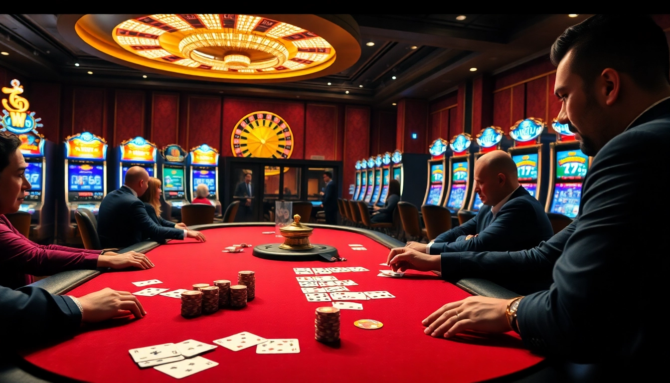 Engage in high-stakes action at tai win 79 with poker chips and excitement in a vibrant casino scene.