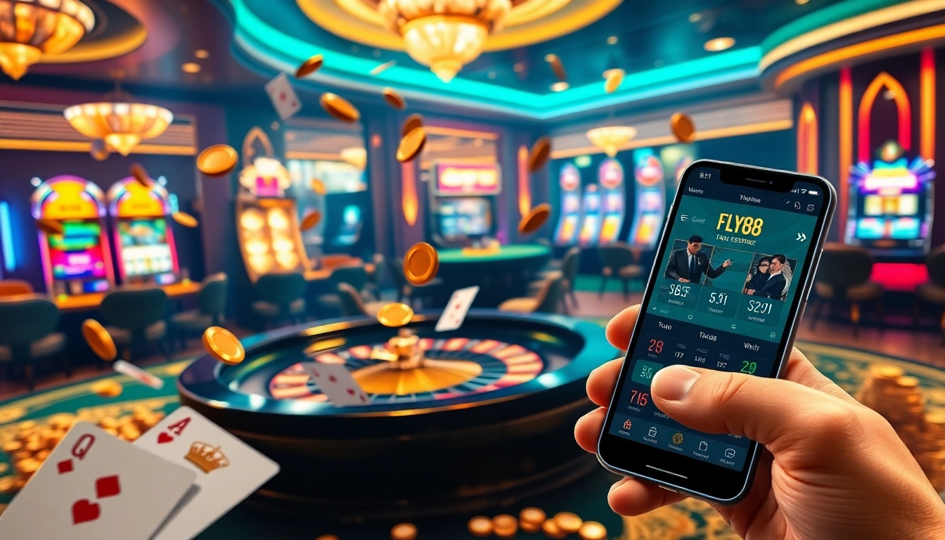 FLY88 casino scene with roulette and vibrant slot machines, capturing thrilling gameplay.