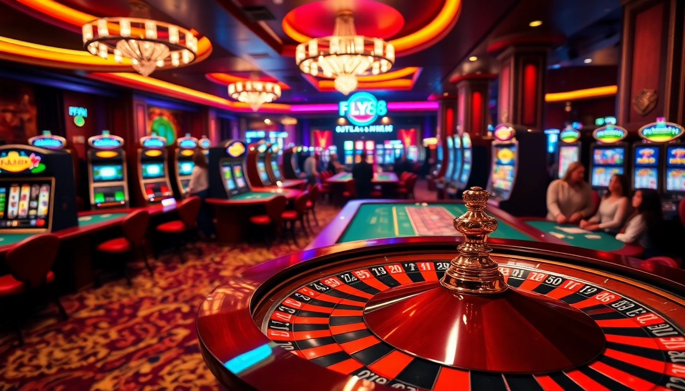 Experience the excitement of FLY88 with a vibrant casino scene showcasing roulette, poker, and slot machines.