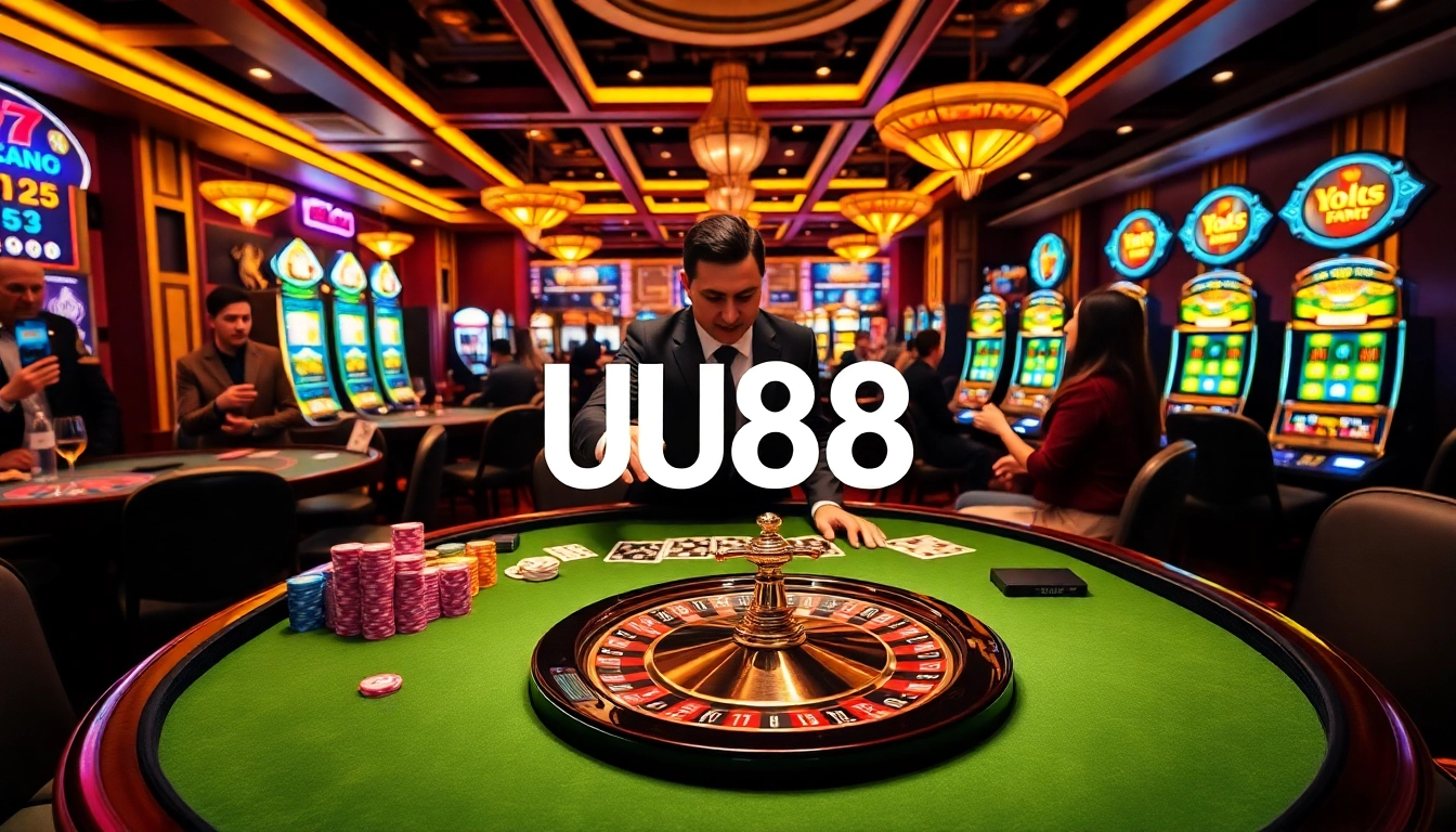 UU88 players engage in thrilling games at a luxurious casino table, showcasing vibrant excitement.