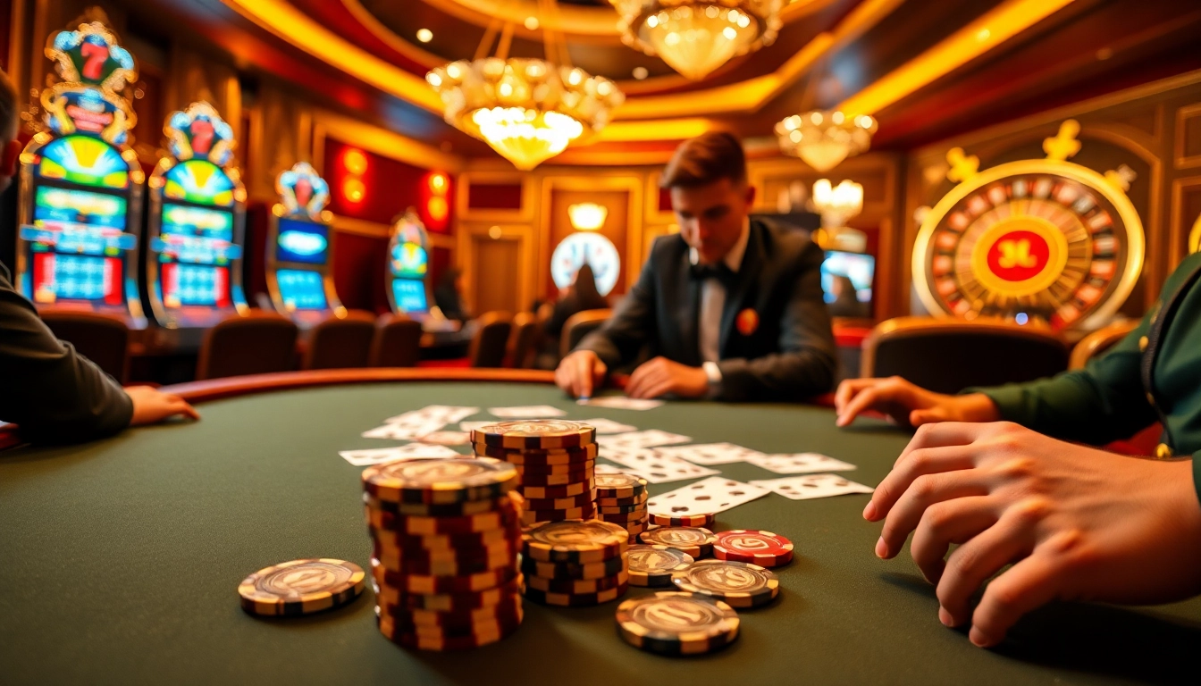 Excited players strategize at a luxurious poker table, embodying the thrill of 79King gaming.