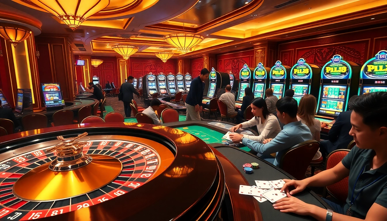 Experience the thrill of FLY88 in a vibrant casino scene filled with roulette wheels and poker tables.