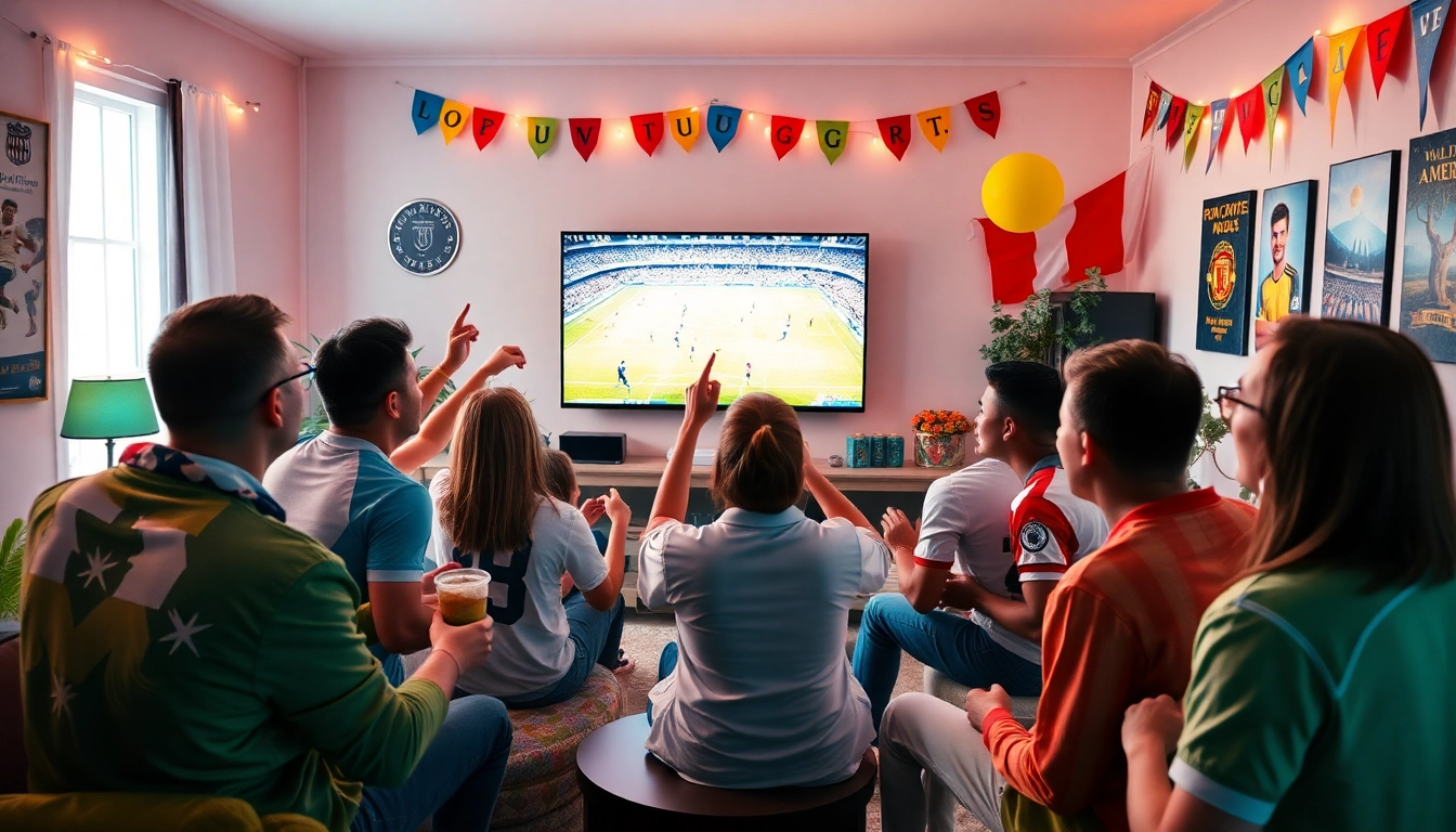 Excited fans watching live football on vaoluoitv.it.com in a cozy living room