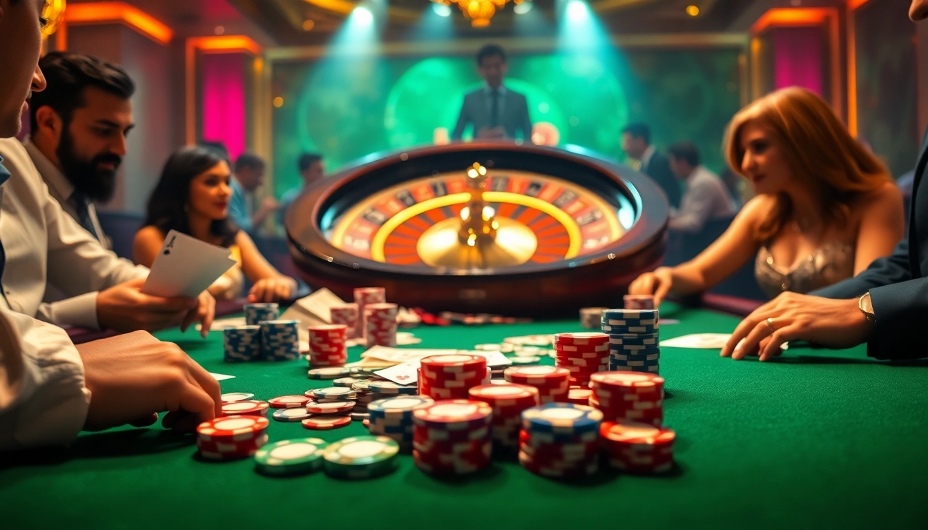 b52club players strategizing around an exciting poker table with vibrant chips and cards.