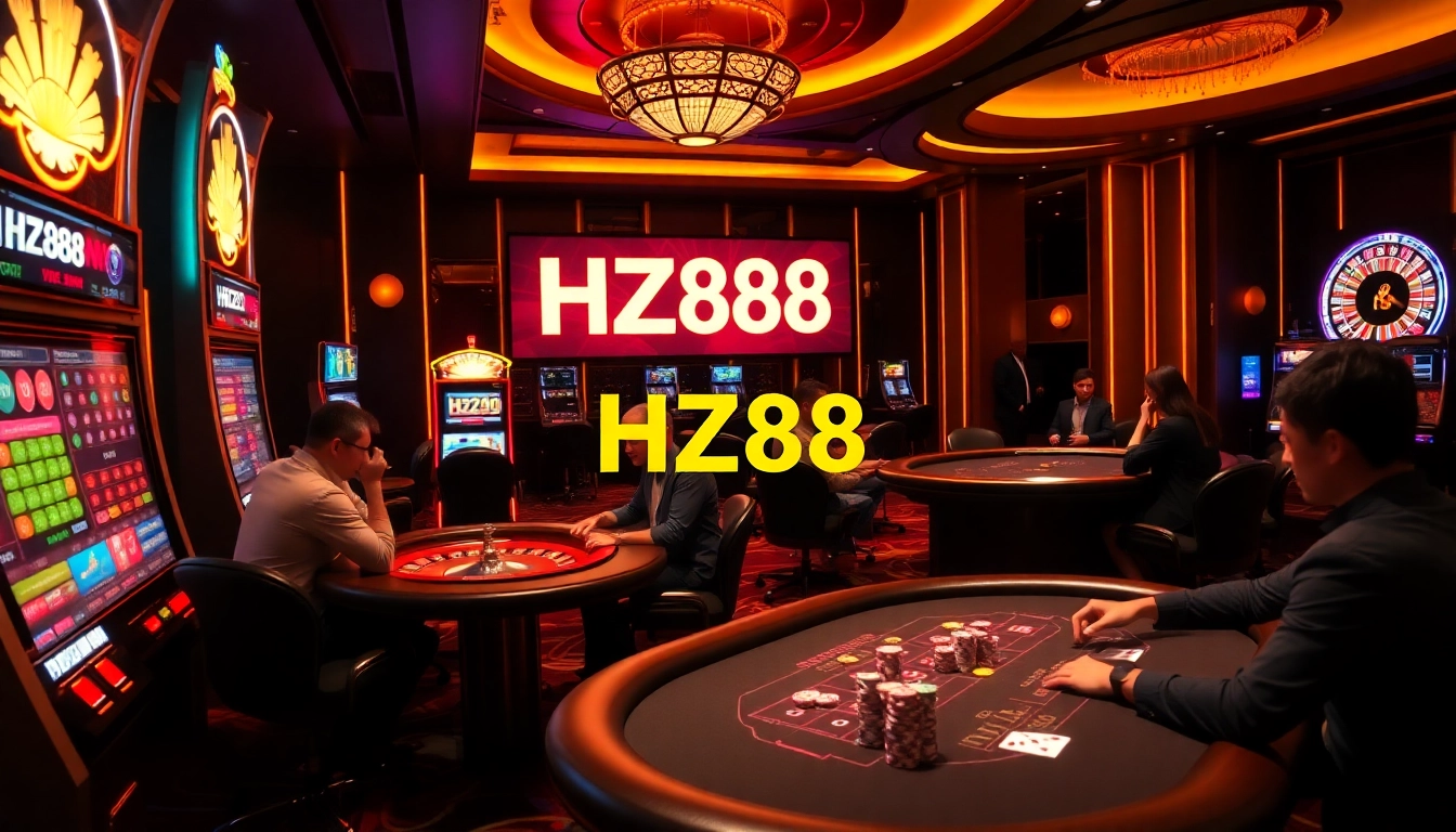 Experience thrilling gameplay at HZ88 casino with poker, chips, and vibrant slot machines.