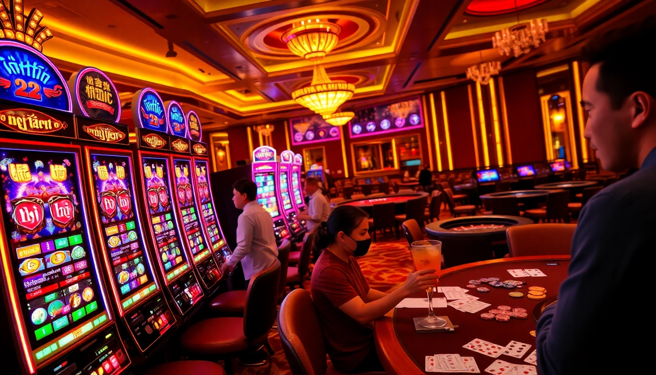 Engaging players celebrating a nổ hũ win at brightly lit slot machines in a luxurious casino.