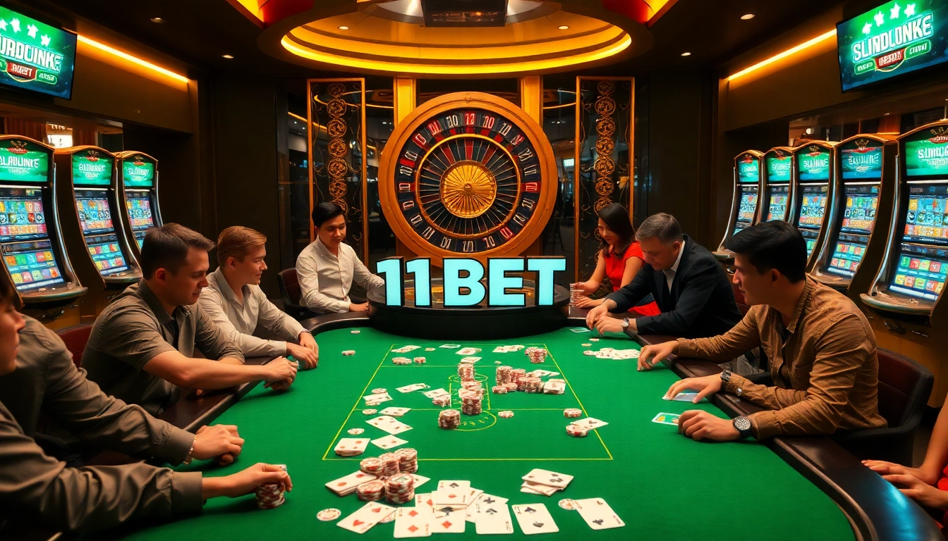 Enthralling 11BET gambling scene with players at poker table and vibrant casino elements.