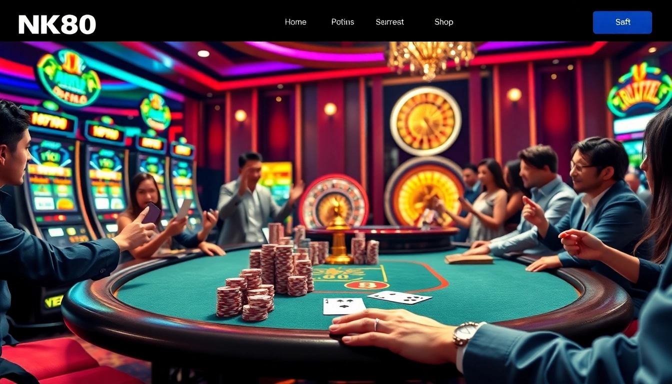 Experience the excitement at trang chủ nk88 with a vibrant casino scene featuring poker, slots, and roulette.