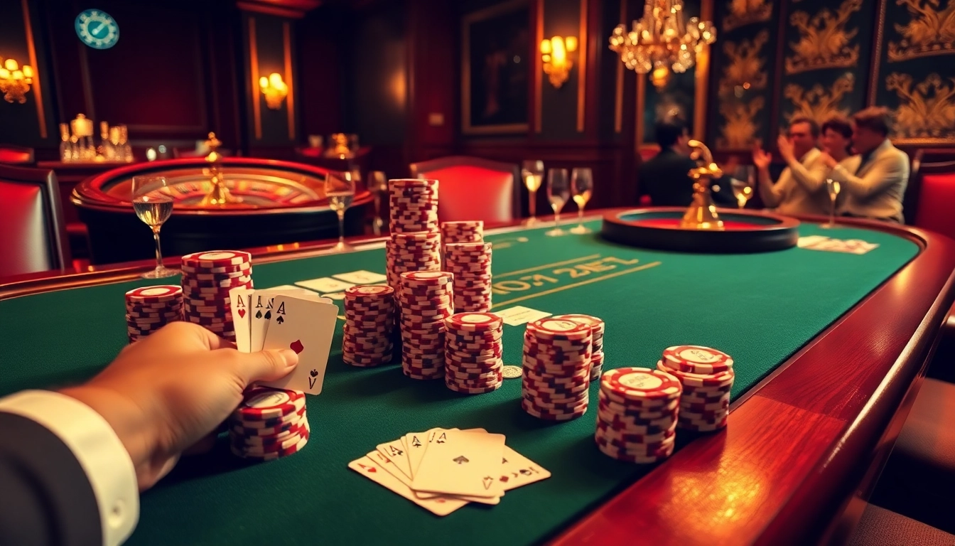 Kwin poker scene with stacked chips, winning cards, and a roulette wheel in a luxurious casino.