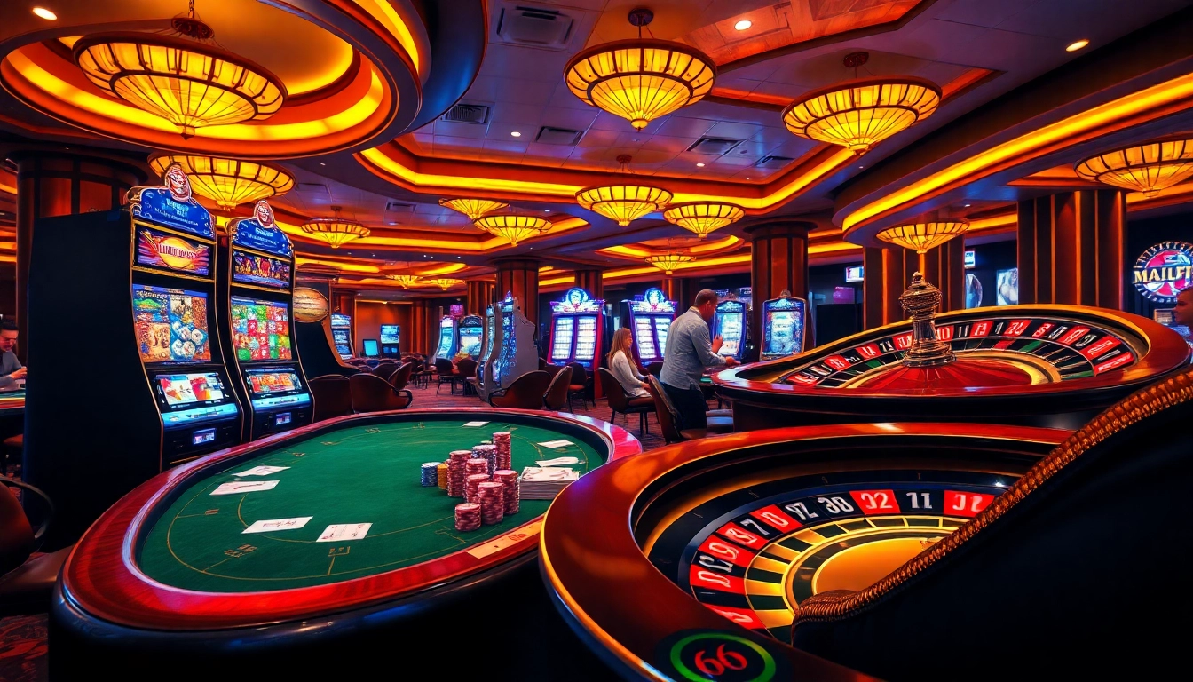 Experience thrilling gameplay at 66slots8 com with a vibrant casino scene featuring poker tables and slot machines.