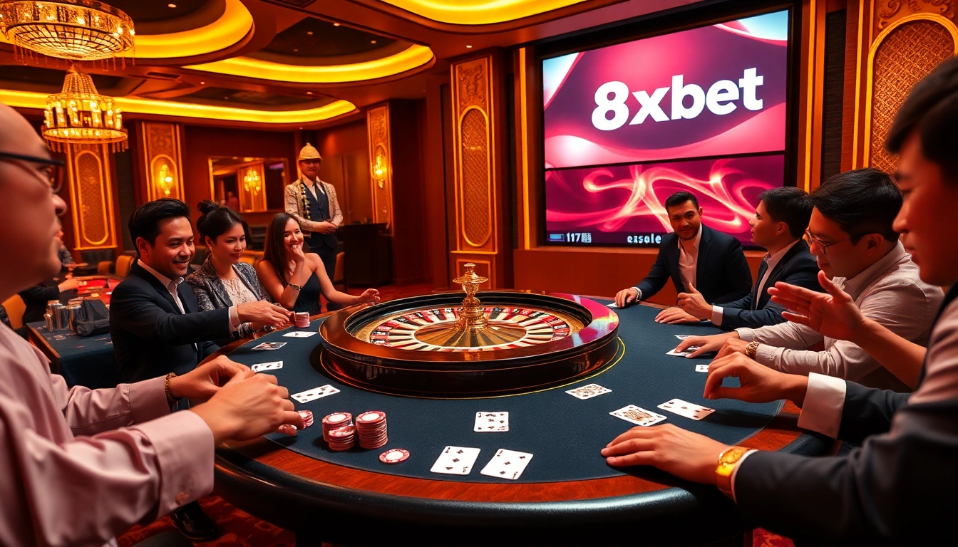 Players enjoying thrilling games at an 8xbet casino table with vibrant poker chips and a roulette wheel.