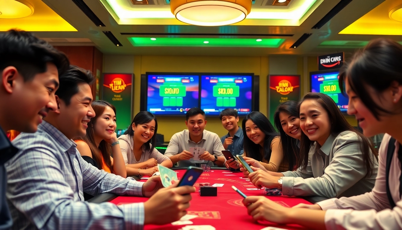 Dynamic gaming scene at topgamebaidoithuong.mx showcasing cash reward card games with vibrant players.