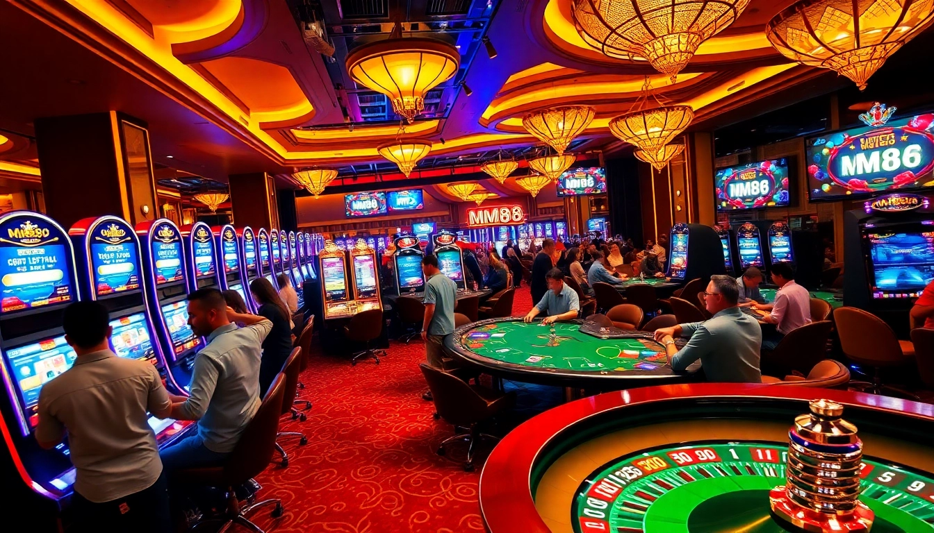 Players enjoying an exciting game night at MM88 casino with vibrant slot machines and roulette.