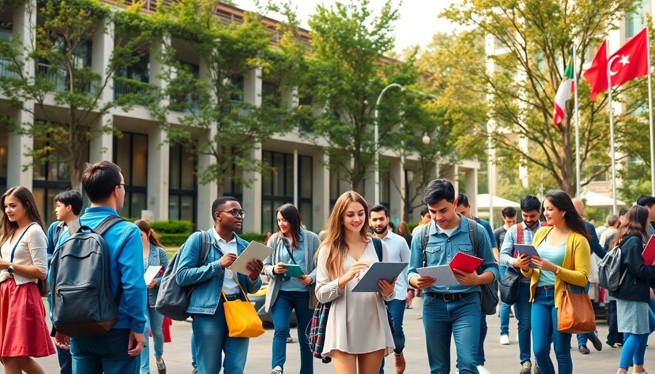 Students engaging in collaborative learning at Bahcesehir University apply campus in Istanbul, showcasing diversity and academic vibrancy.