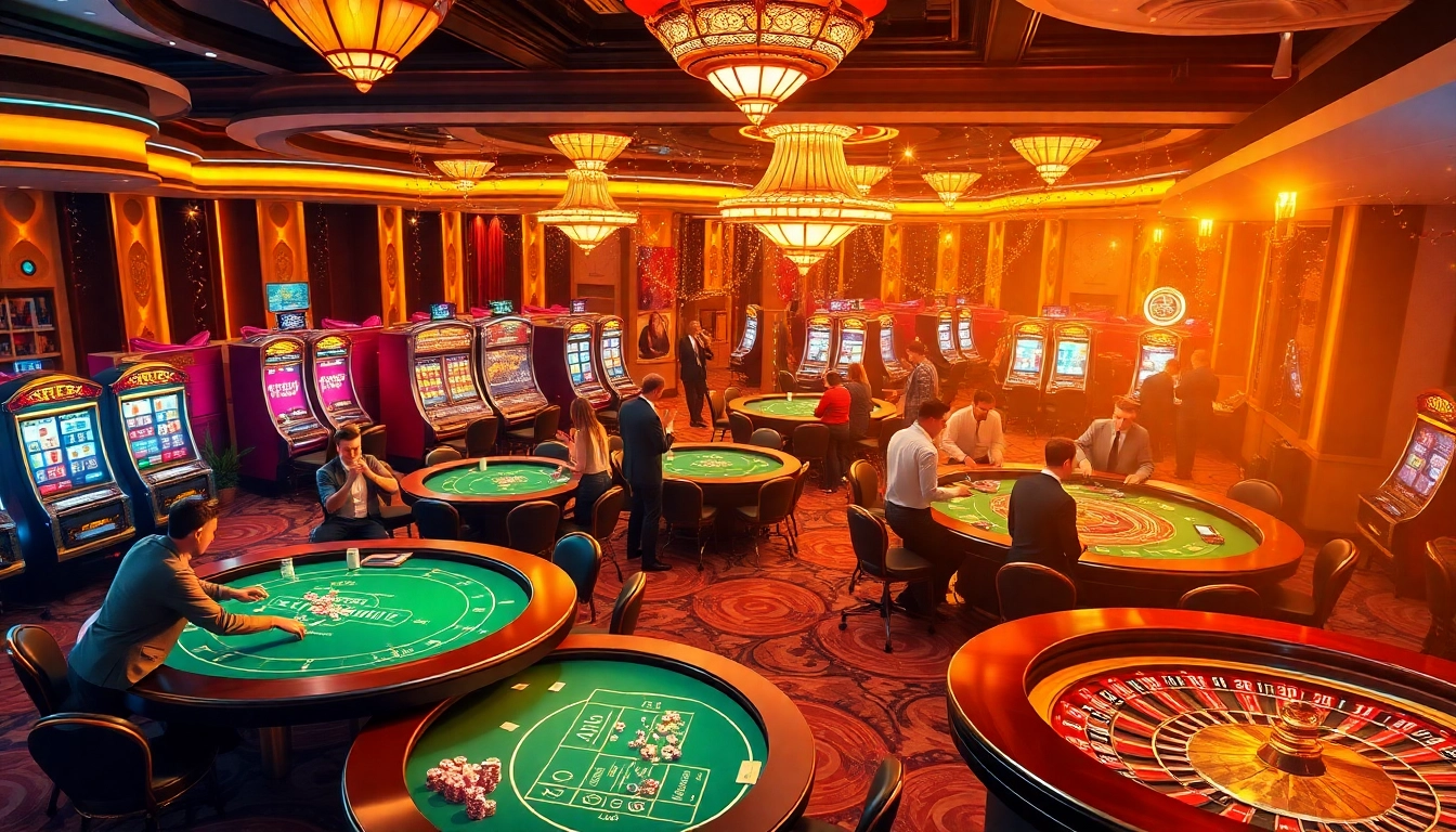 Players enjoying thrilling games at a vibrant casino floor with elements tied to https://rikvip368.com.
