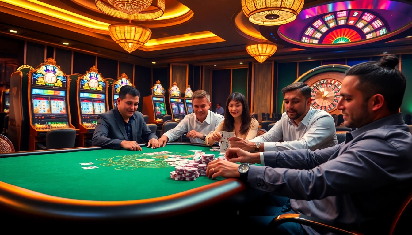 Experience the thrill of five88 win with players competing at a high-stakes poker table in a vibrant casino.