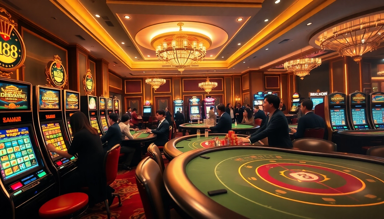 High-stakes gaming scene at MM88 casino, showcasing luxury and excitement.