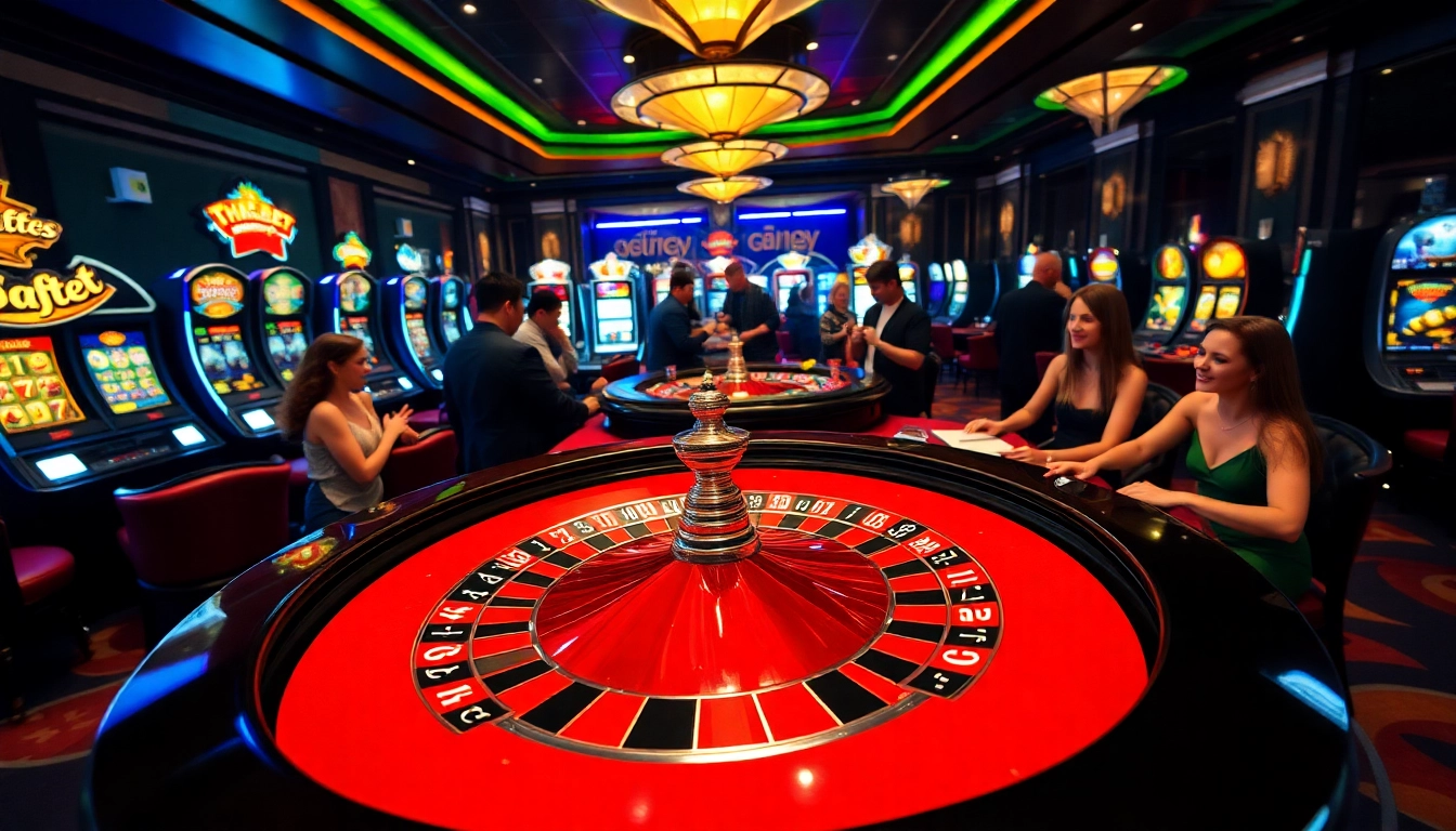 The thrilling atmosphere of gambling highlights thabet.com with roulette action, colorful chips, and engaged players.