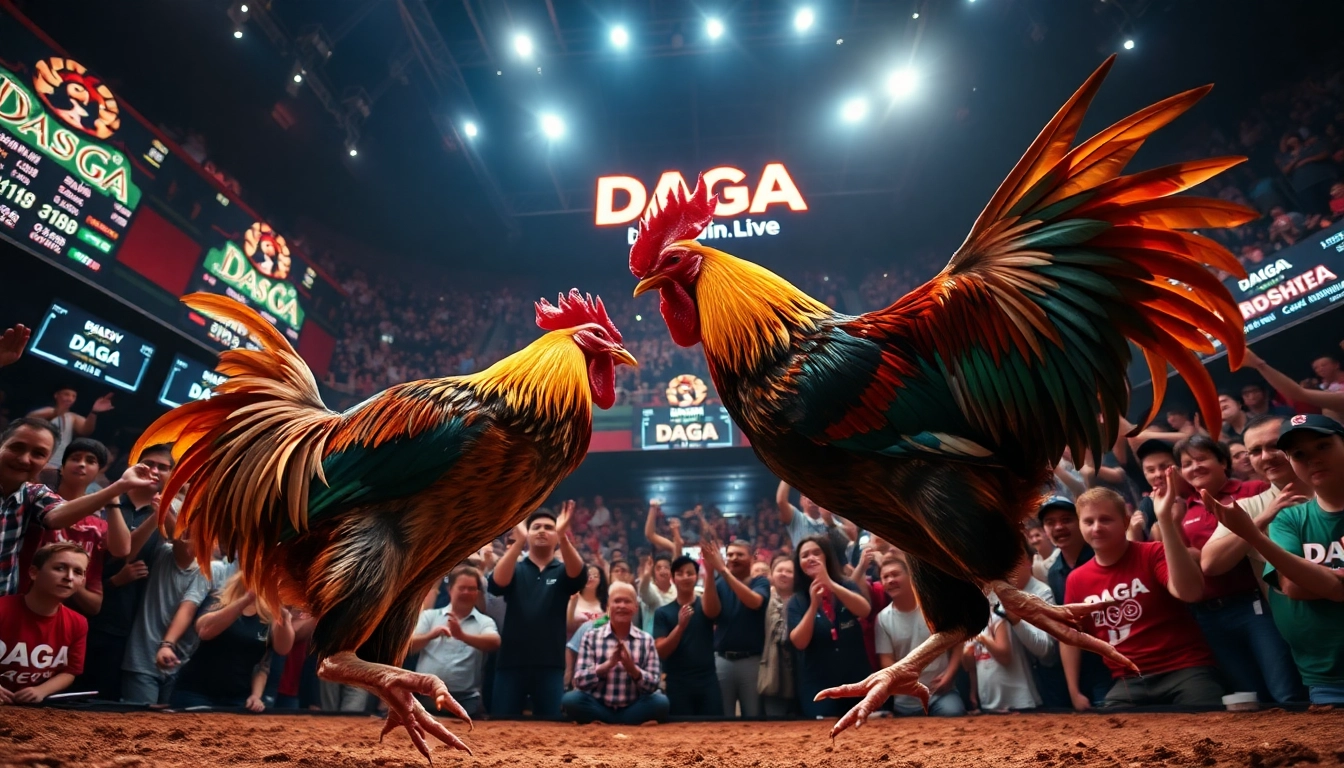 Live cockfighting at dagawin.live with excited fans and competitive roosters in action.