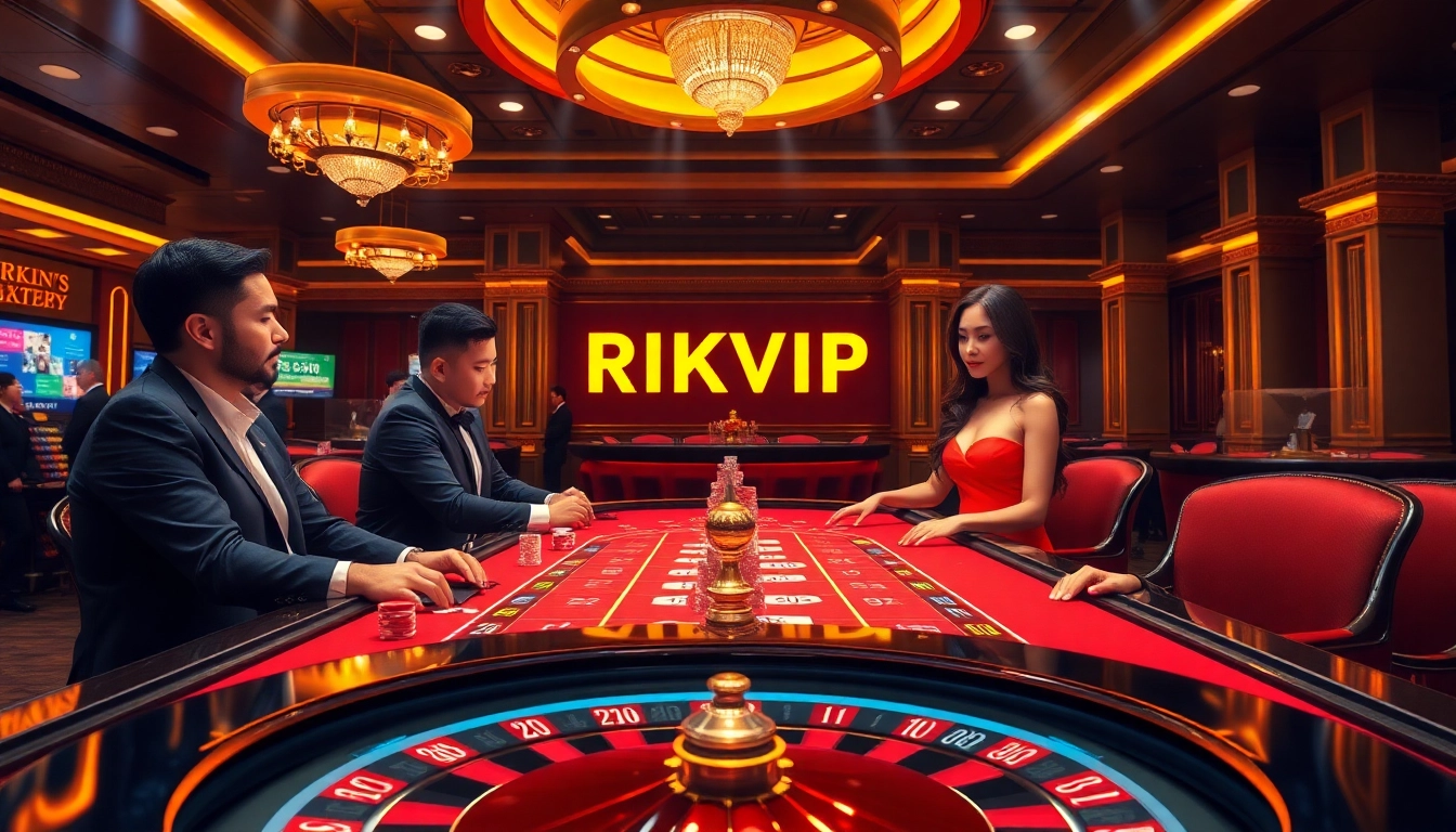 Engaging players at the RIKVIP online casino table with vibrant poker chips and a roulette wheel.