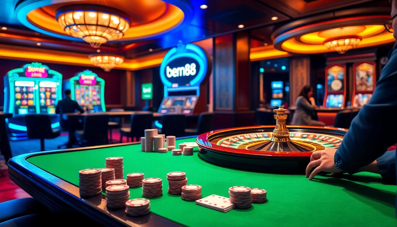 Experience the excitement of betting at bem88 with vibrant casino tables and eager players.