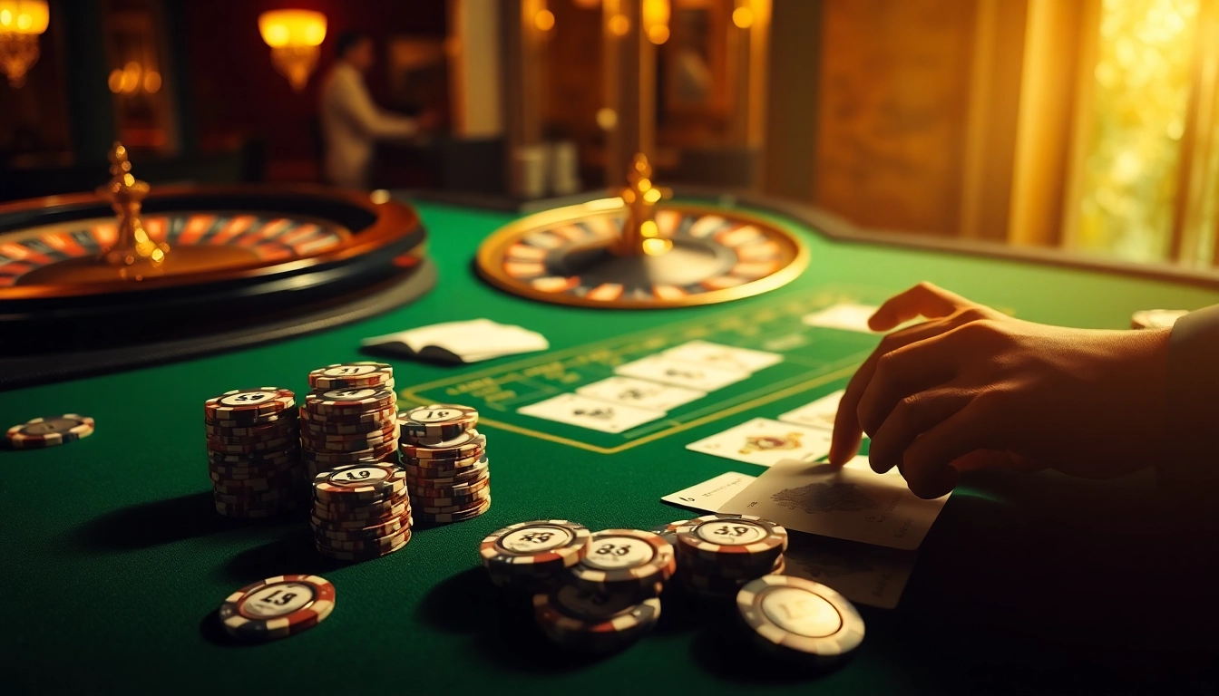 Engaging scene of a luxurious casino game featuring LC 88 poker chips, players in action, and a roulette wheel.