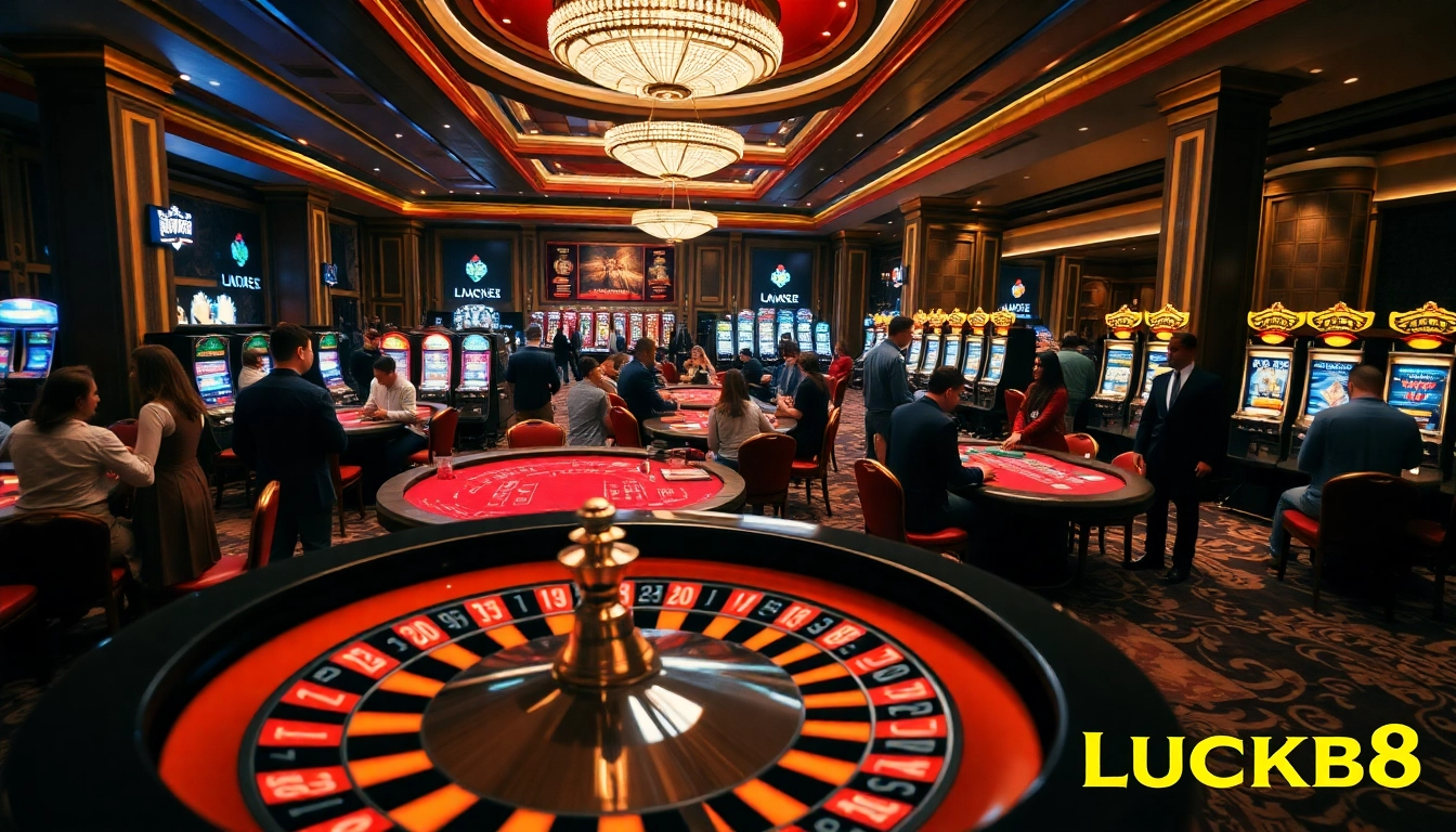 Cảnh casino LUCK8 đầy hứng khởi với người chơi tại bàn poker và bánh xe quay roulette.
