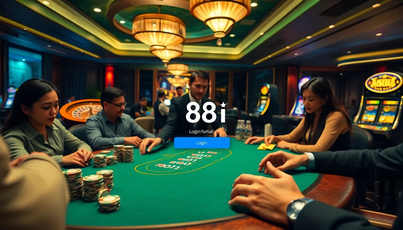 Engage in the thrill of 88i đăng nhập at a luxury casino poker table with players and dealer.