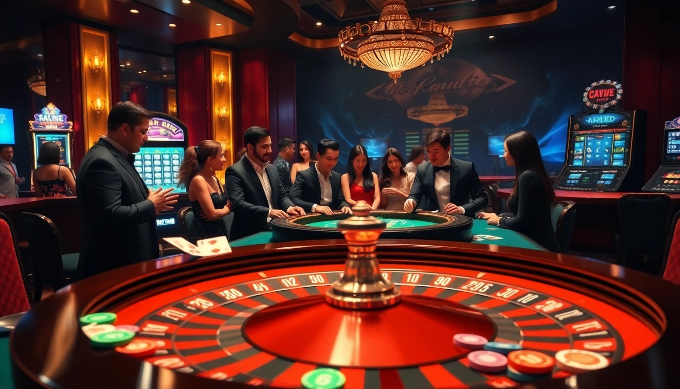 A casino scene displaying the excitement of gamebaidoithuong.trading with players at a roulette table, vibrant chips, and cards.