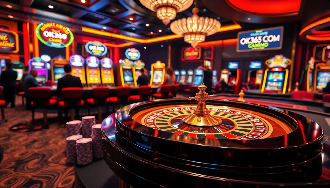 Players excitedly engage at a dynamic casino table featuring OK365 COM elements and vibrant slot machines.