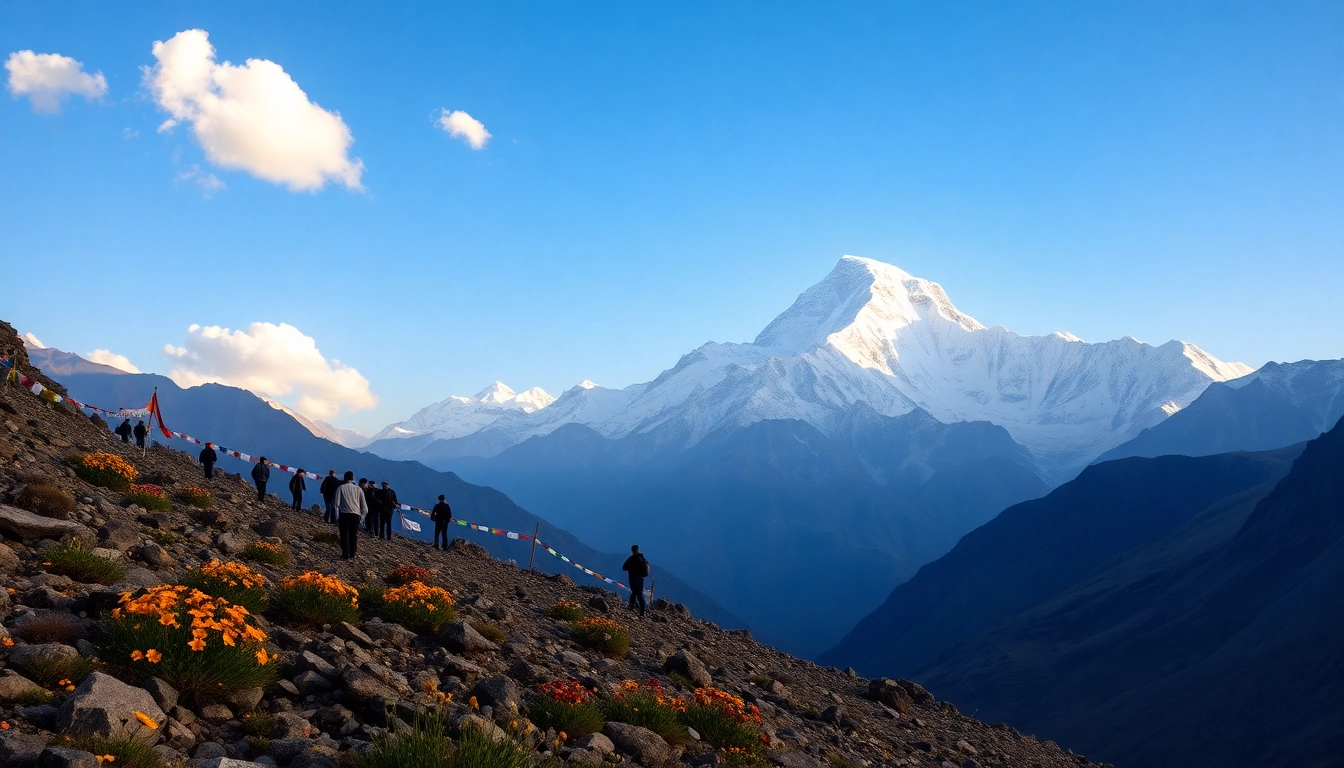Everest base camp trek packages showcasing trekkers amidst stunning Himalayan landscapes under clear blue skies.